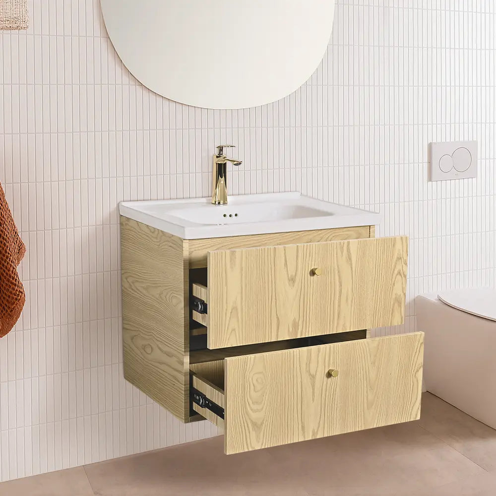 Bathroom vanity with open drawers and a sink, featuring a wooden finish.