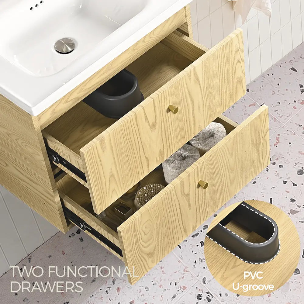 Light oak bathroom vanity with two functional storage drawers and PVC U-groove design under white ceramic basin.