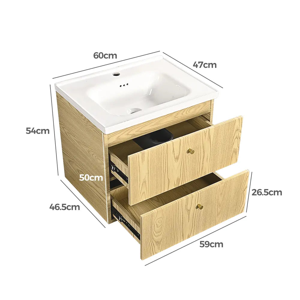 Bathroom vanity with dimensions labeled on a white background