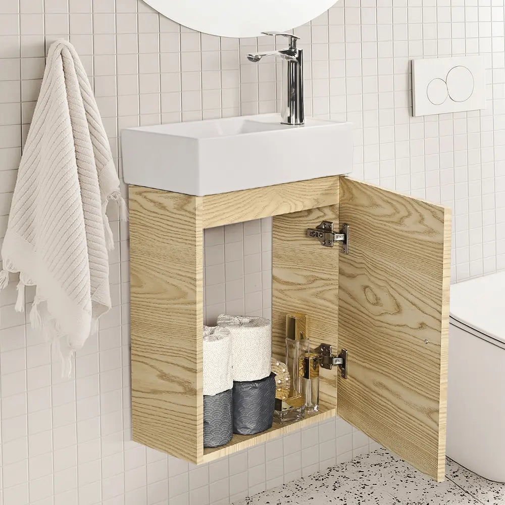 Wooden cabinet with open door revealing bathroom items in a tiled bathroom.