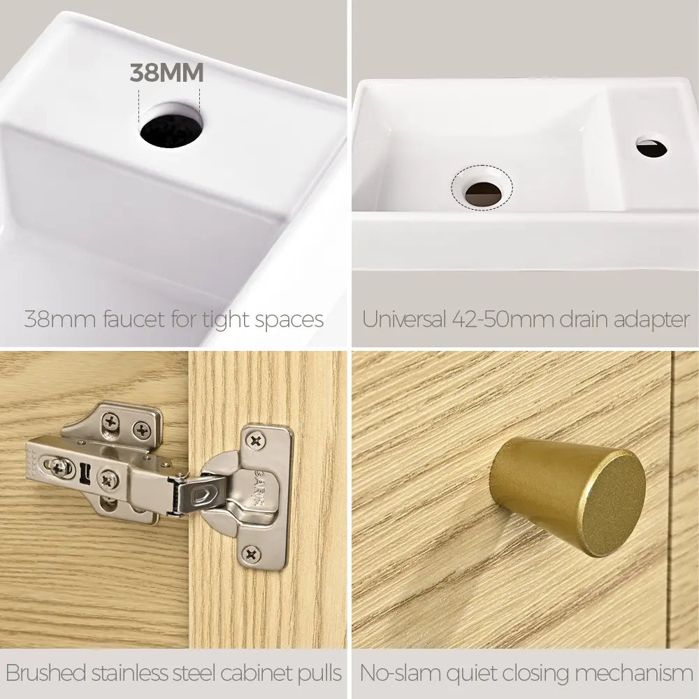 Collage of bathroom fixtures including a faucet, drain adapter, cabinet pulls, and a no-slam mechanism.