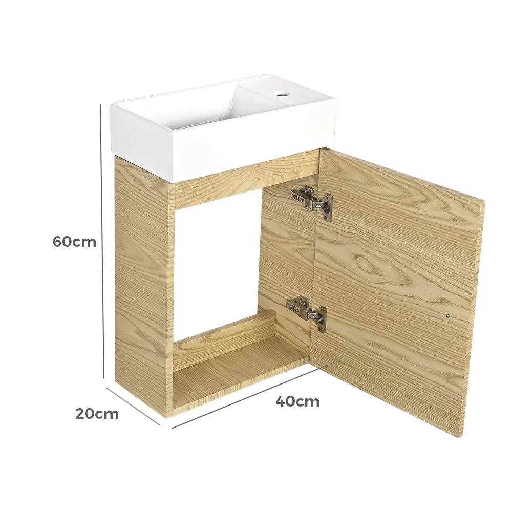 Wooden cabinet with white sink top, showing dimensions on a white background.