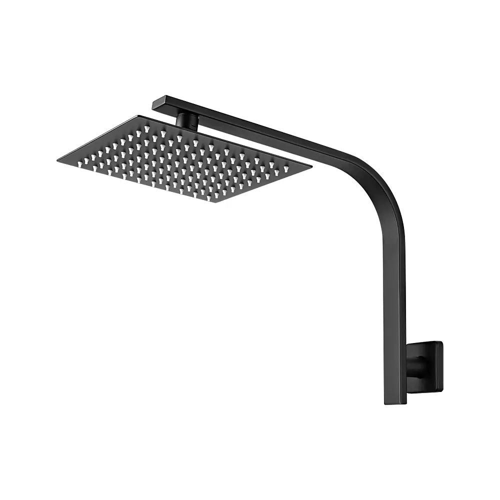 A black square gooseneck shower arm with a rain shower head, against a white background.