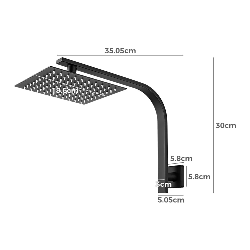 Black square rainfall shower head with wall-mounted arm – detailed product dimensions in centimetres