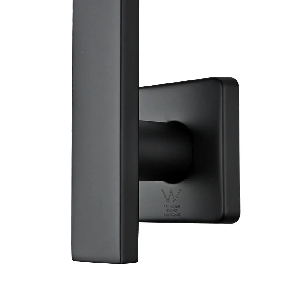 Black square wall-mounted shower arm with WaterMark certification