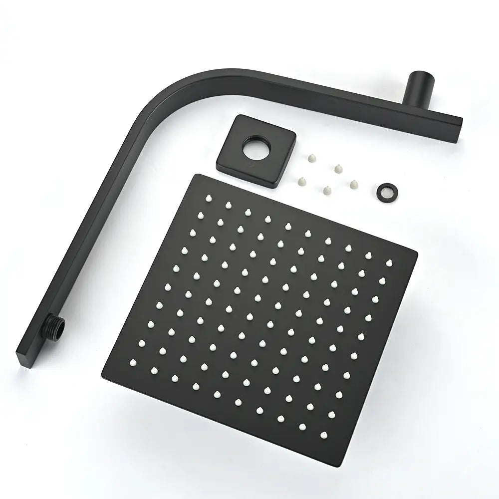 Black shower head assembly with bracket and nozzles on a white background