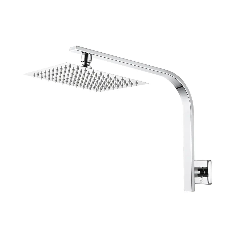 A chrome square gooseneck shower arm with a rain shower head, against a white background.