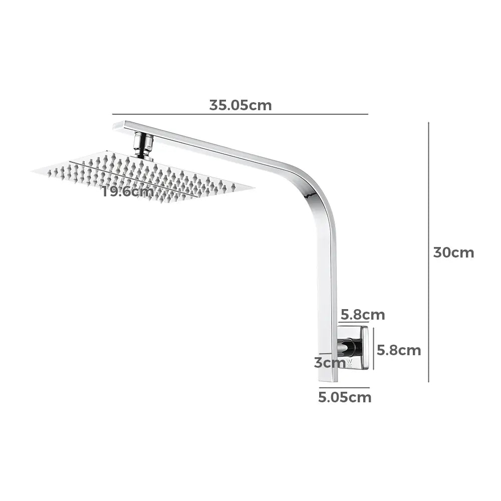 Chrome square rainfall shower head with wall-mounted arm – detailed product dimensions in centimetres