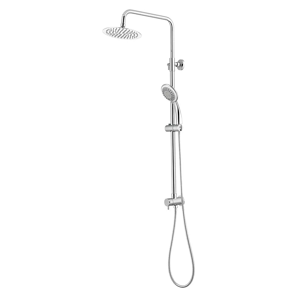 Modern chrome shower system with round rainfall shower head, adjustable handheld shower and hose – wall-mounted bathroom shower set