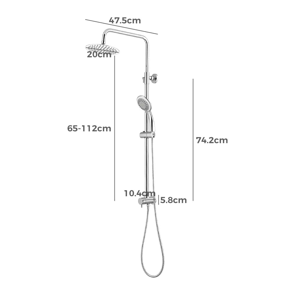 Chrome shower system with rainfall shower head, handheld spray and adjustable rail – product dimensions in centimetres