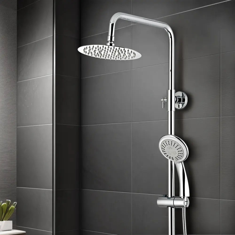 Chrome shower set with rain shower head and handheld shower on a tiled wall.