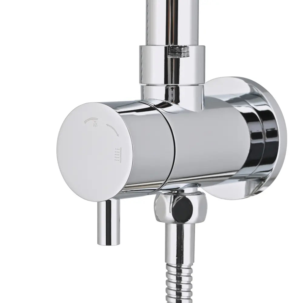 Chrome shower mixer valve with round control handle for switching between rainfall and handheld shower spray