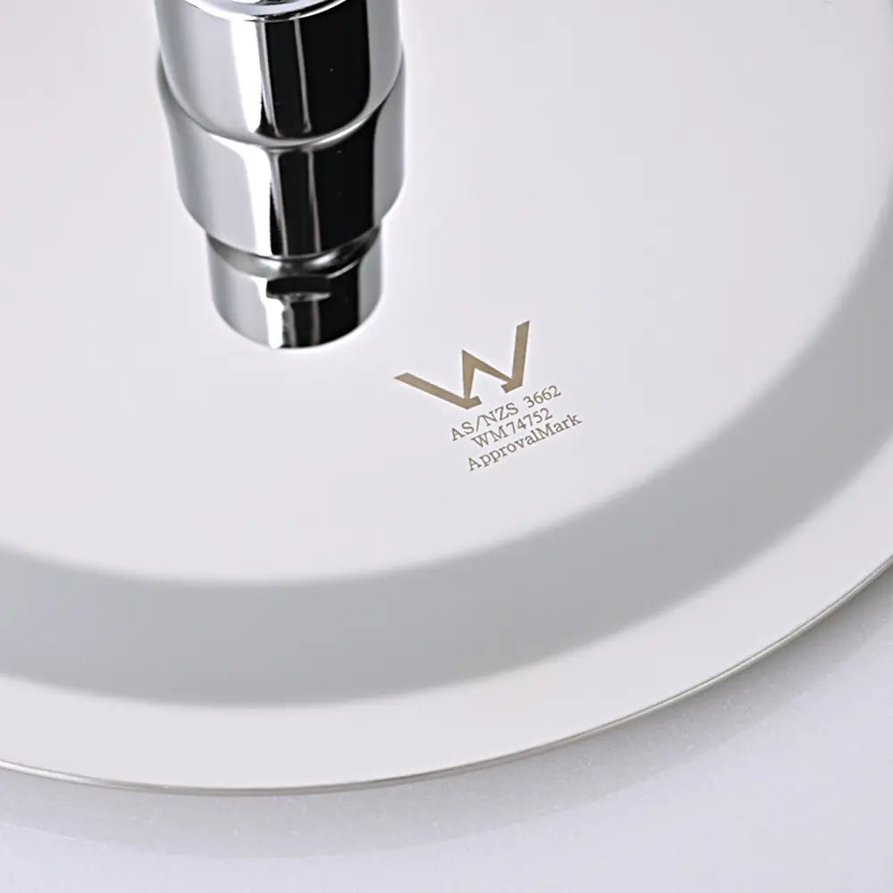 Close-up of chrome shower fitting with Australian WaterMark certification