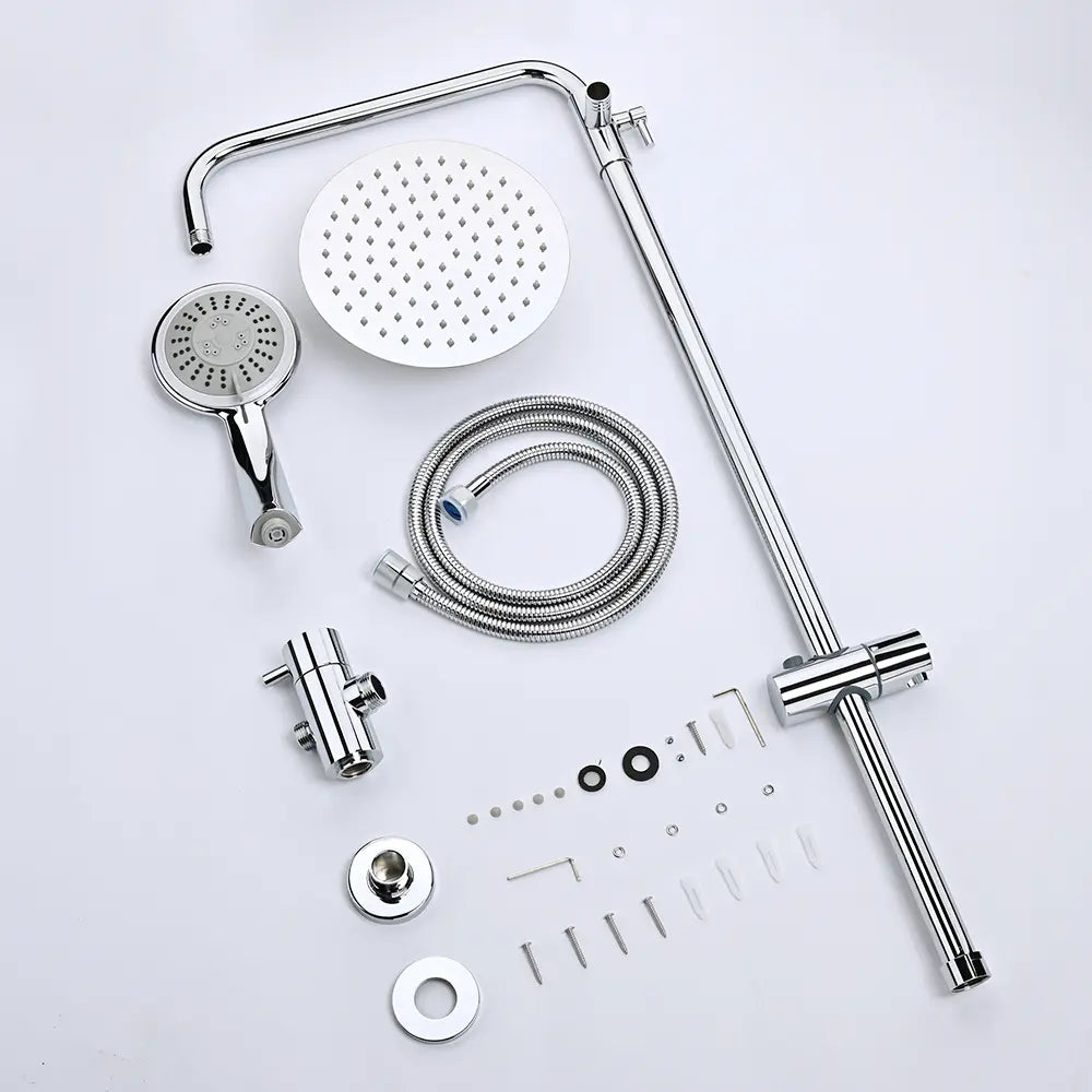 Collection of shower components including a shower head, hose, and various parts on a white background