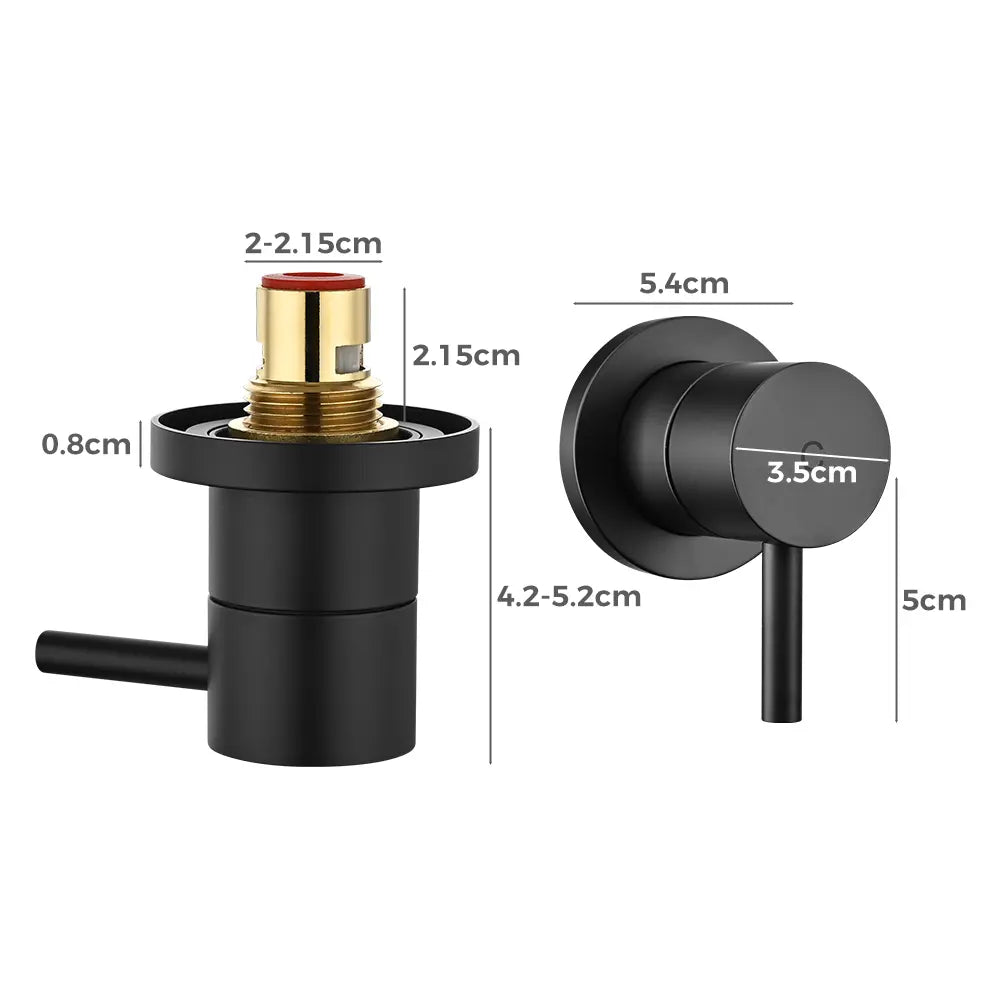 Black round shower mixer valve handle with brass cartridge insert and detailed size measurements in centimetres.