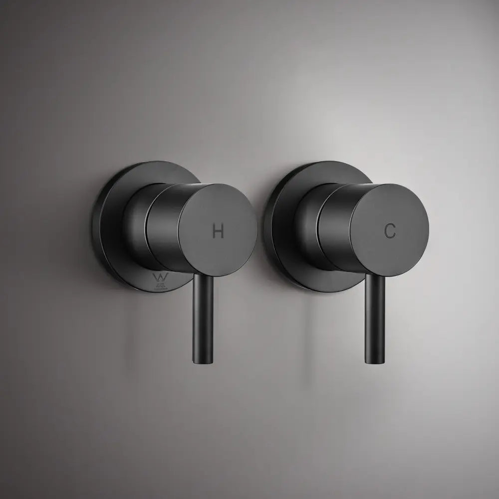 Wall-mounted black round shower mixer valve handles with hot and cold indicators on modern grey bathroom wall