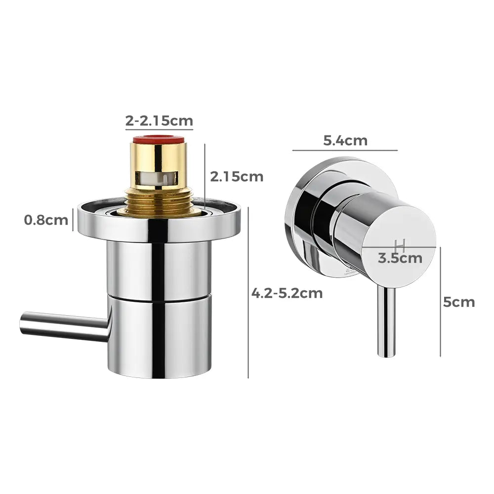 Chrome round shower mixer valve handle with brass cartridge insert and detailed size measurements in centimetres