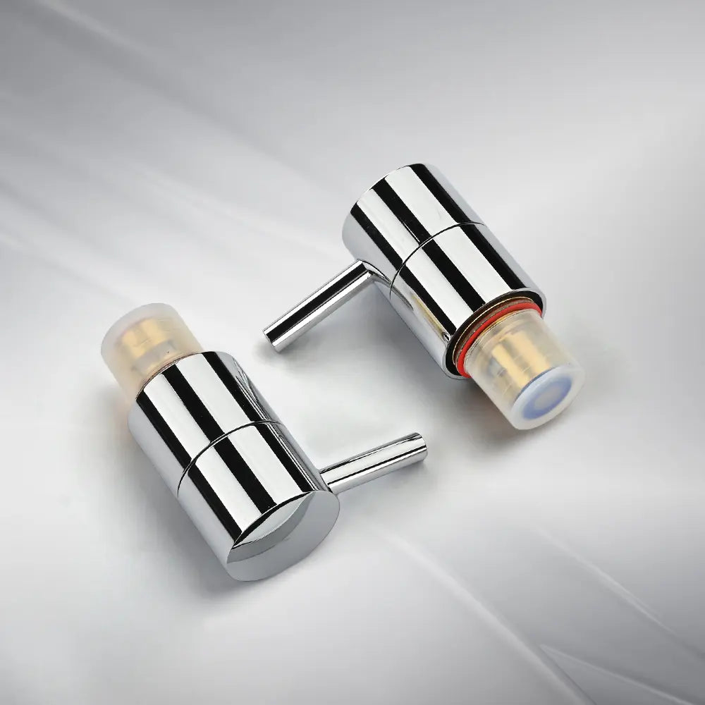 Chrome round shower mixer valve handles with durable brass cartridge insert and protective caps – modern bathroom tap fittings