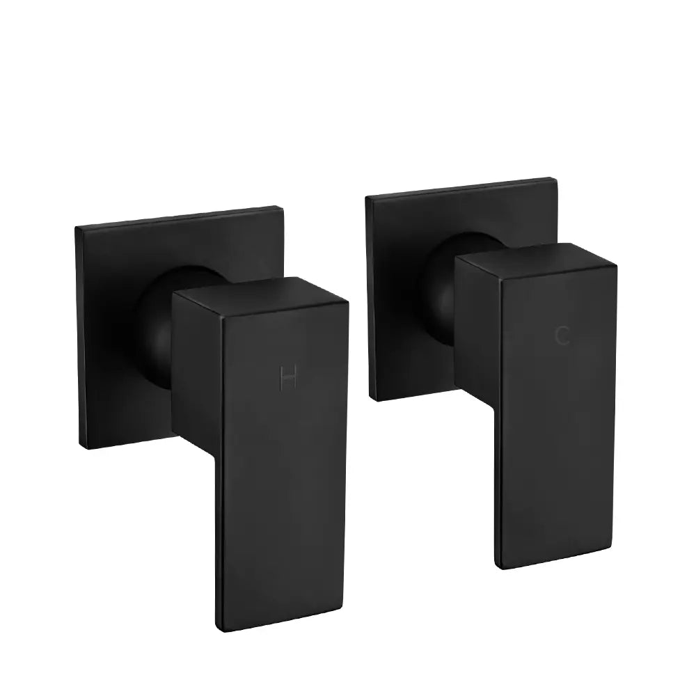 Modern matte black wall-mounted shower mixer valve handles with hot and cold indicators and square backplate – contemporary bathroom tap fittings