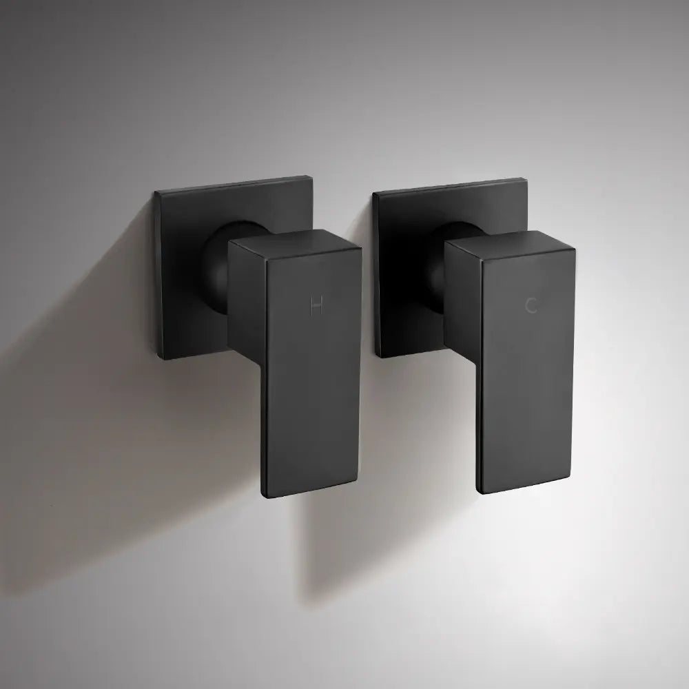 Wall-mounted black shower mixer valve handles with hot and cold indicators installed on grey bathroom wall