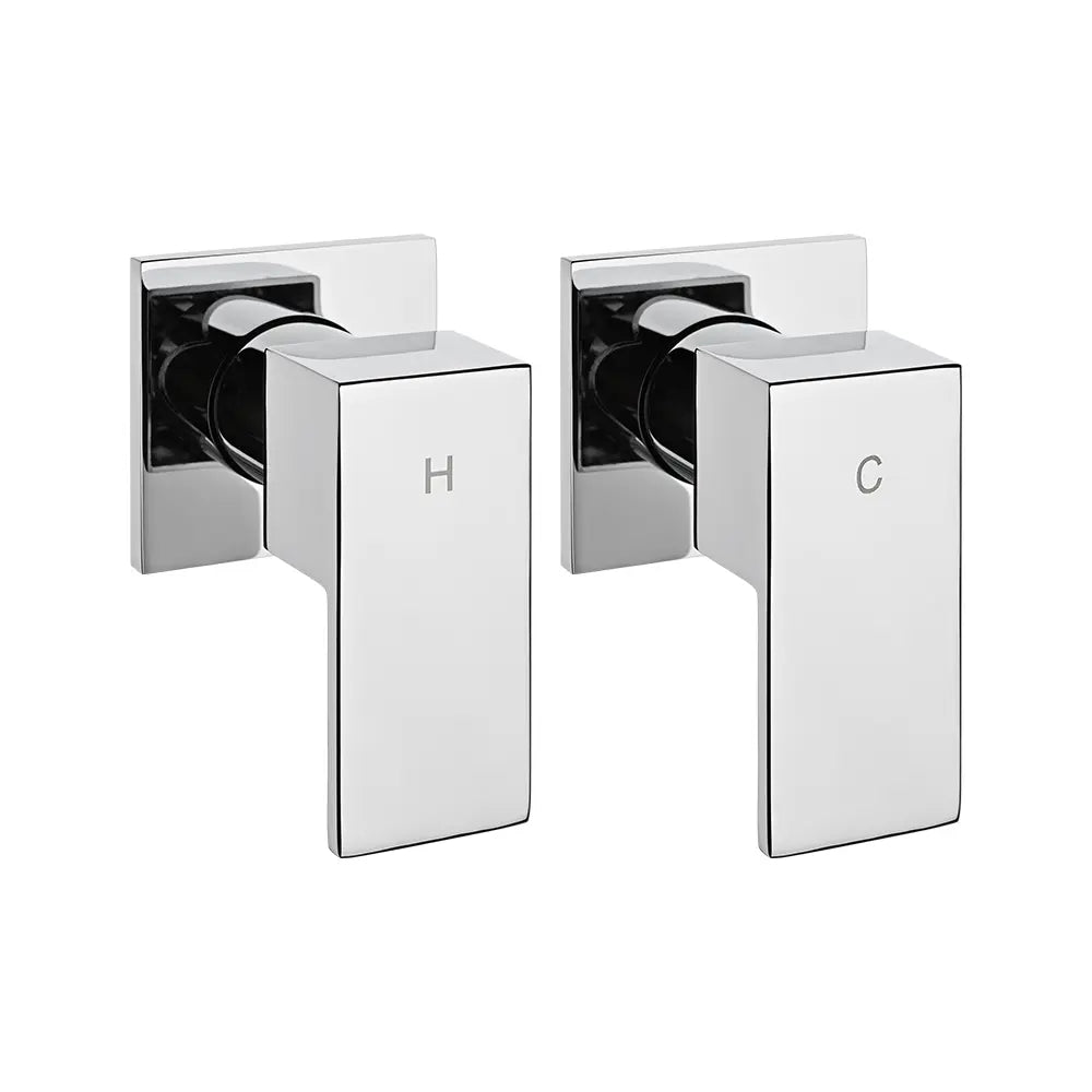 Modern chrome wall-mounted shower mixer valve handles with hot and cold indicators – square backplate bathroom tap fittings