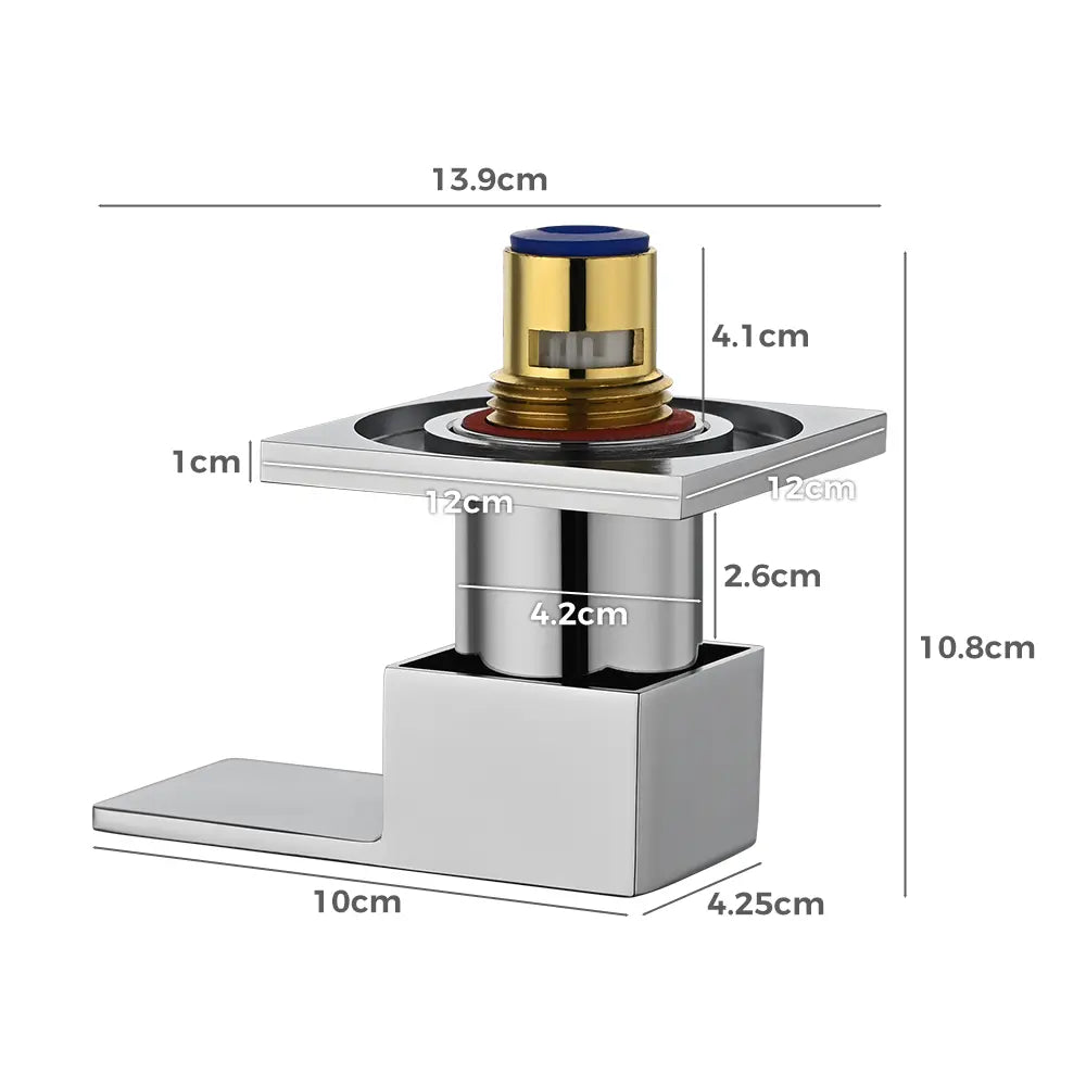 Chrome wall-mounted shower mixer valve handle with brass cartridge insert and detailed product dimensions in centimetres