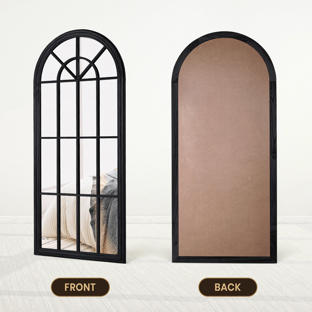 Arched mirror with black frame showing front and back views on a white background
