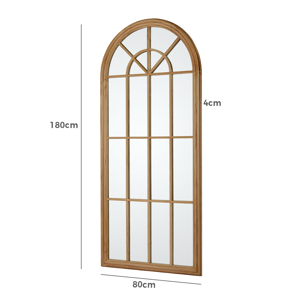 Wooden-framed mirror with dimensions on a white background