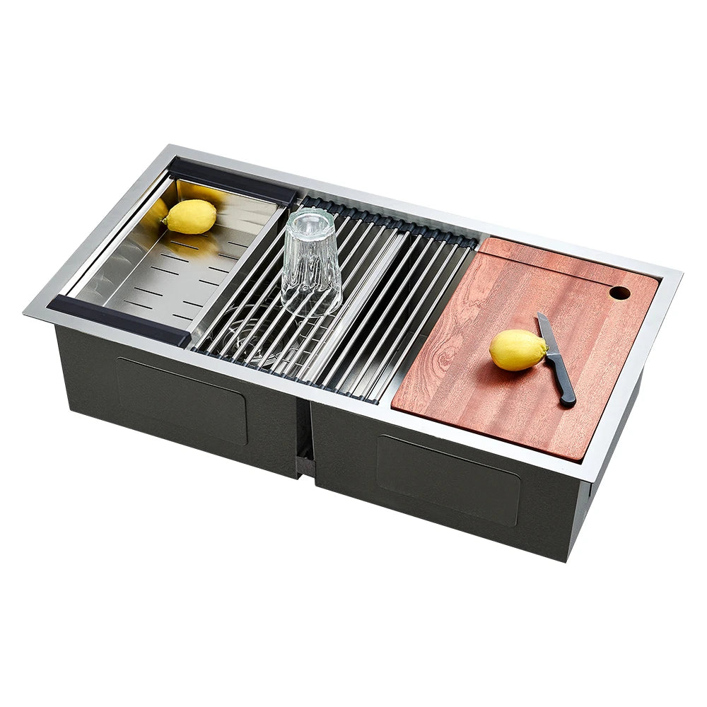 Sima 750x450mm Double Bowl Kitchen Sink 7Pc Workstation