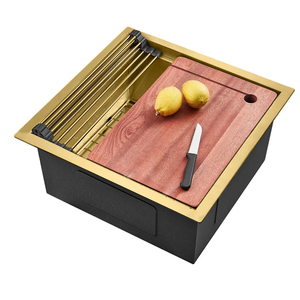 Compact Sima-X single bowl sink workstation with drying rack and cutting board in gold
