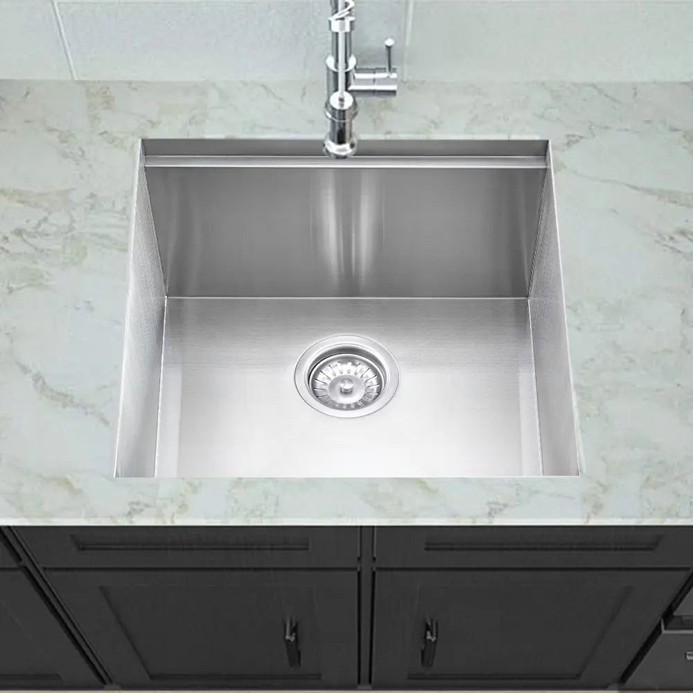 Top-down view of Sima-X 450x450mm sink workstation in stainless steel