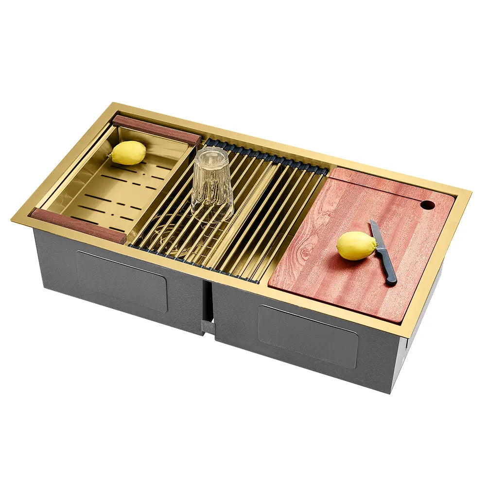 Sima-X double bowl sink 820x450mm in modern kitchen in gold