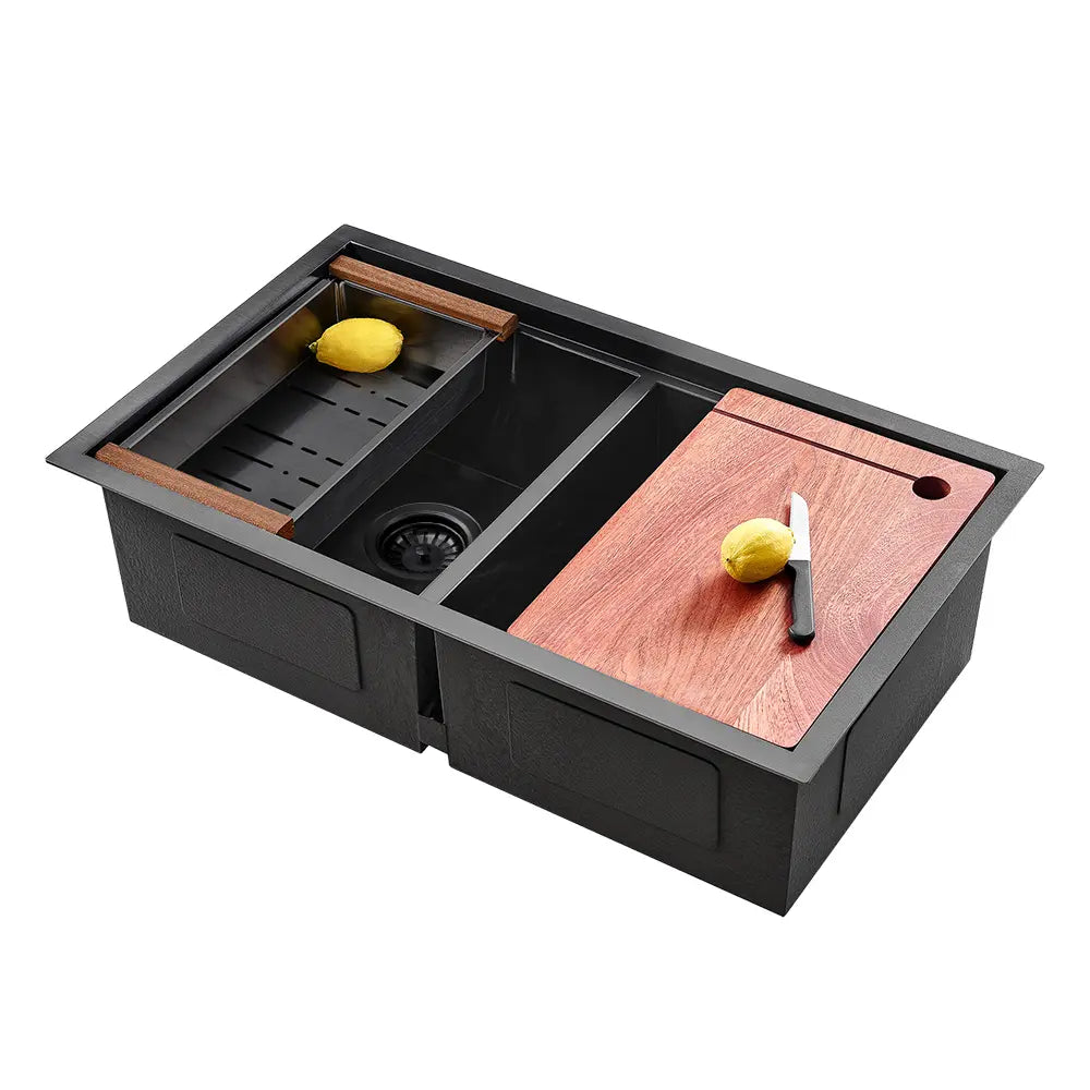 Sima-V 750x450mm Double Bowl Kitchen Sink 8Pc Workstation