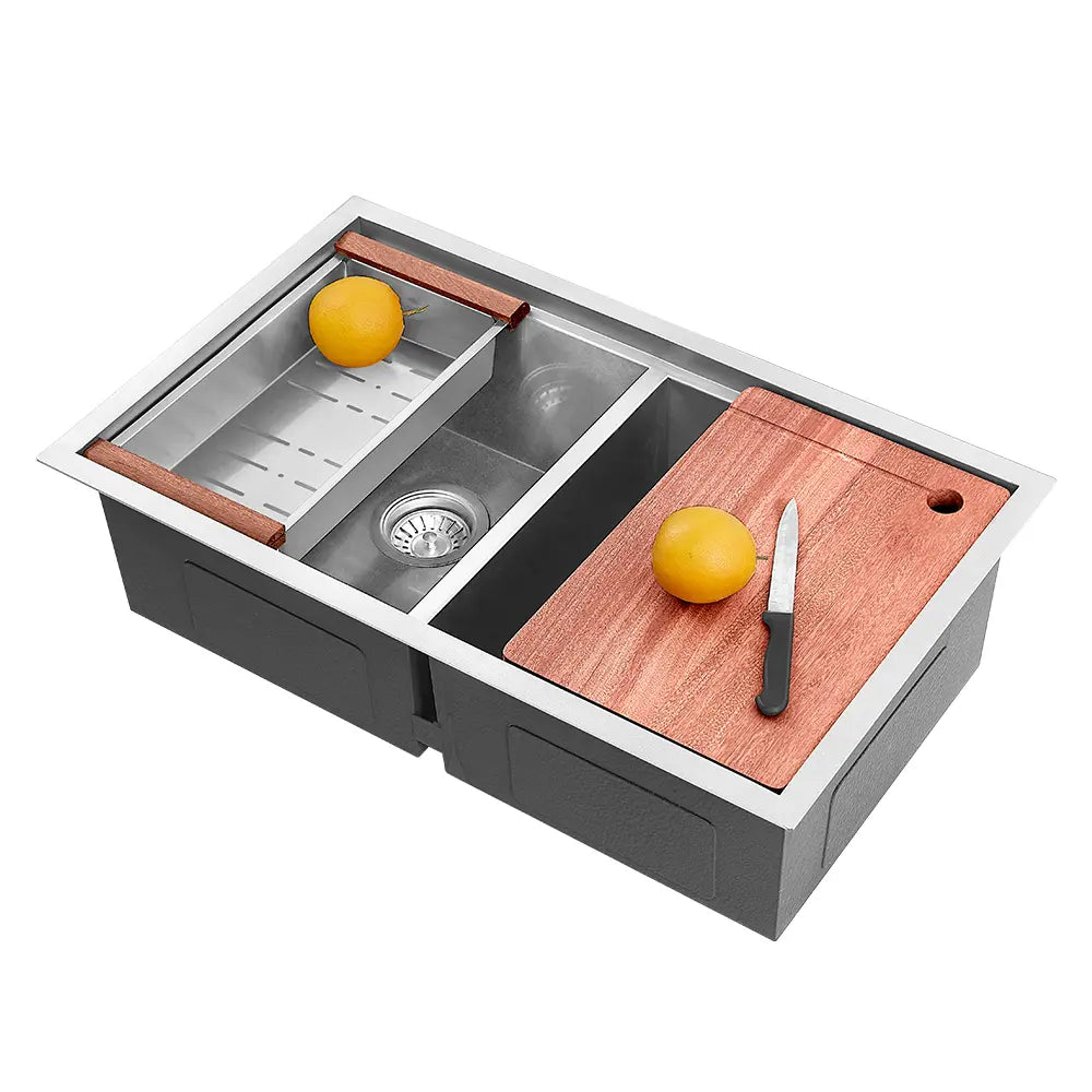 Sima-V 750x450mm Double Bowl Kitchen Sink 8Pc Workstation