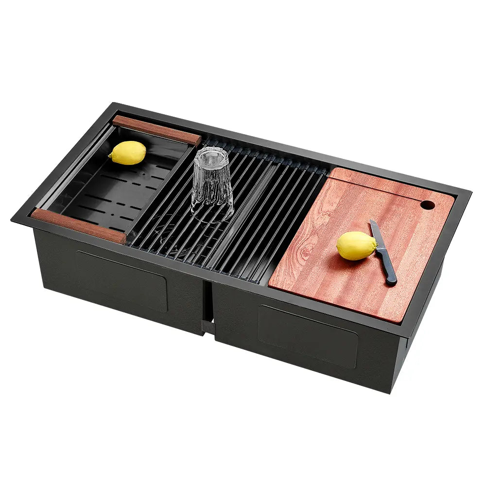 Sima-V 820x450mm Double Bowl Kitchen Sink 8Pc Workstation