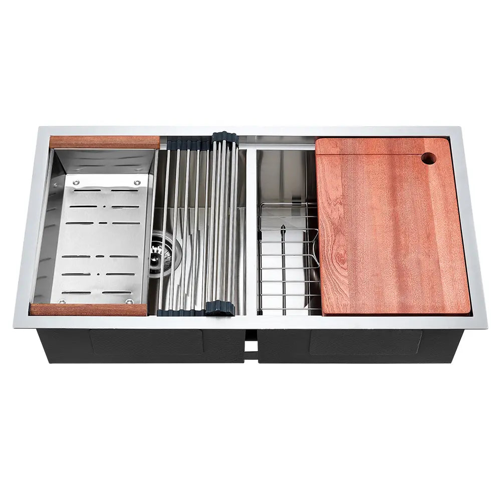 Sima-V 820x450mm Double Bowl Kitchen Sink 8Pc Workstation
