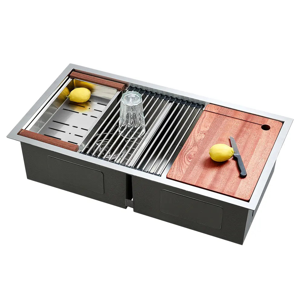 Sima-V 820x450mm Double Bowl Kitchen Sink 8Pc Workstation