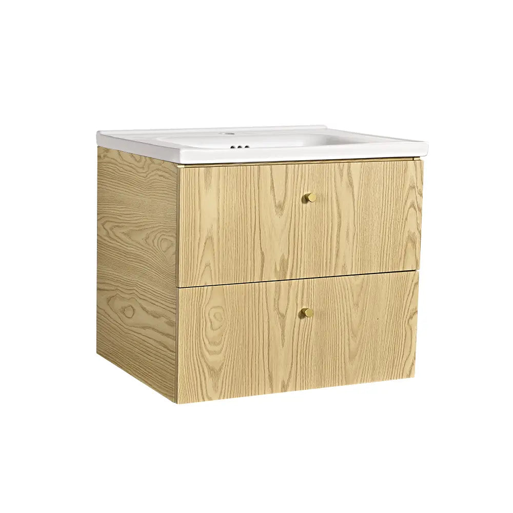 Wooden vanity with white countertop.