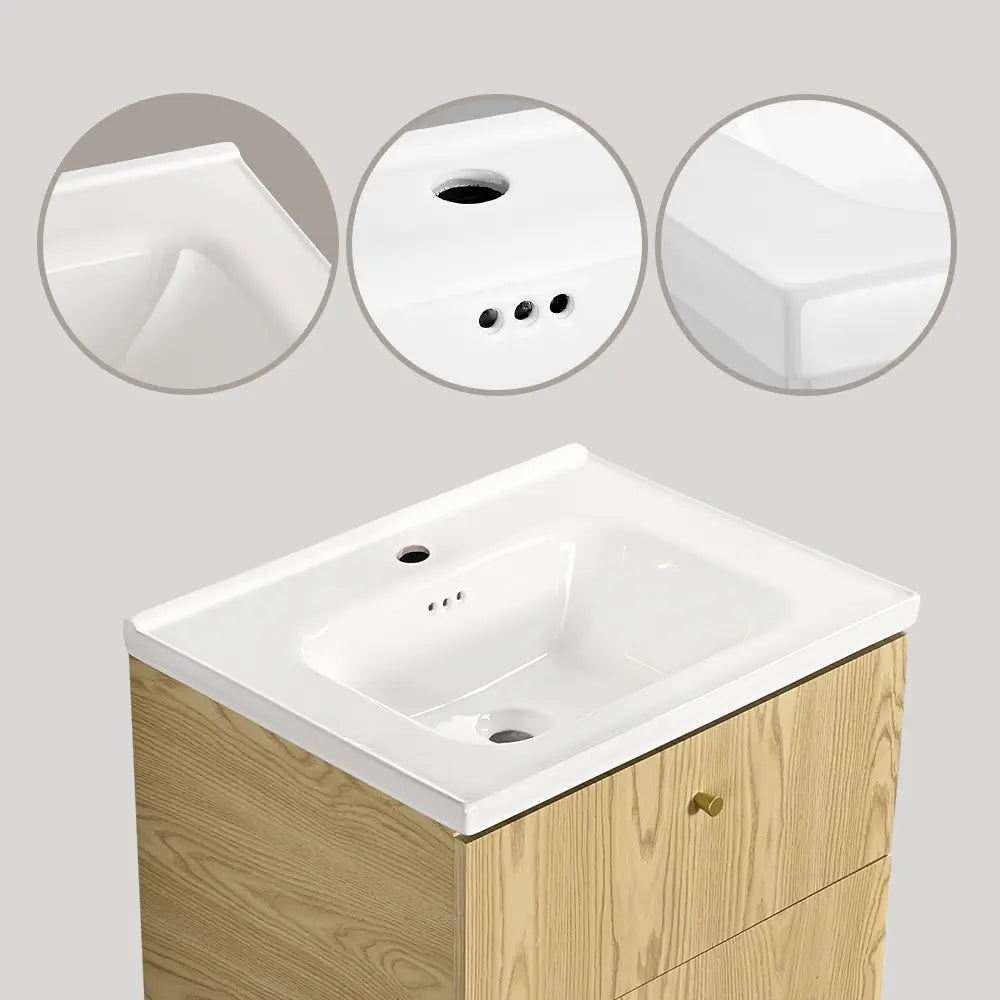 Bathroom vanity with white countertop and wooden base, featuring close-up details of the sink.