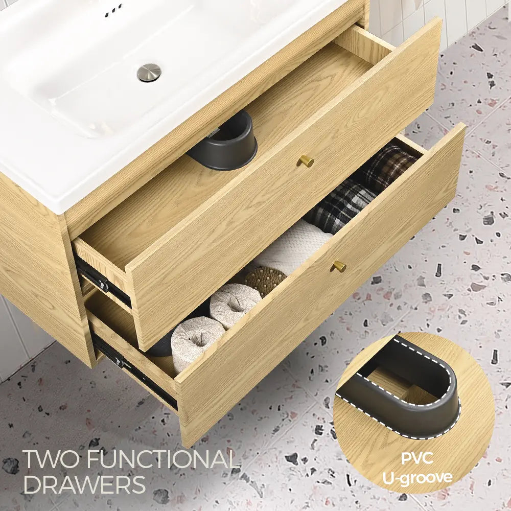 A oak bathroom vanity with two functional storage drawers and PVC U-groove design under white ceramic basin.