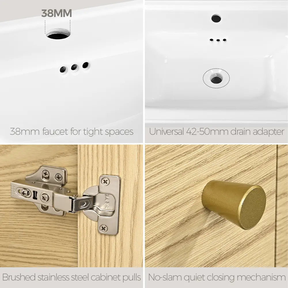 Modern bathroom vanity details showing 38mm faucet hole, universal 42-50mm drain adapter, brushed stainless steel cabinet hinges, and gold no-slam quiet closing handles.