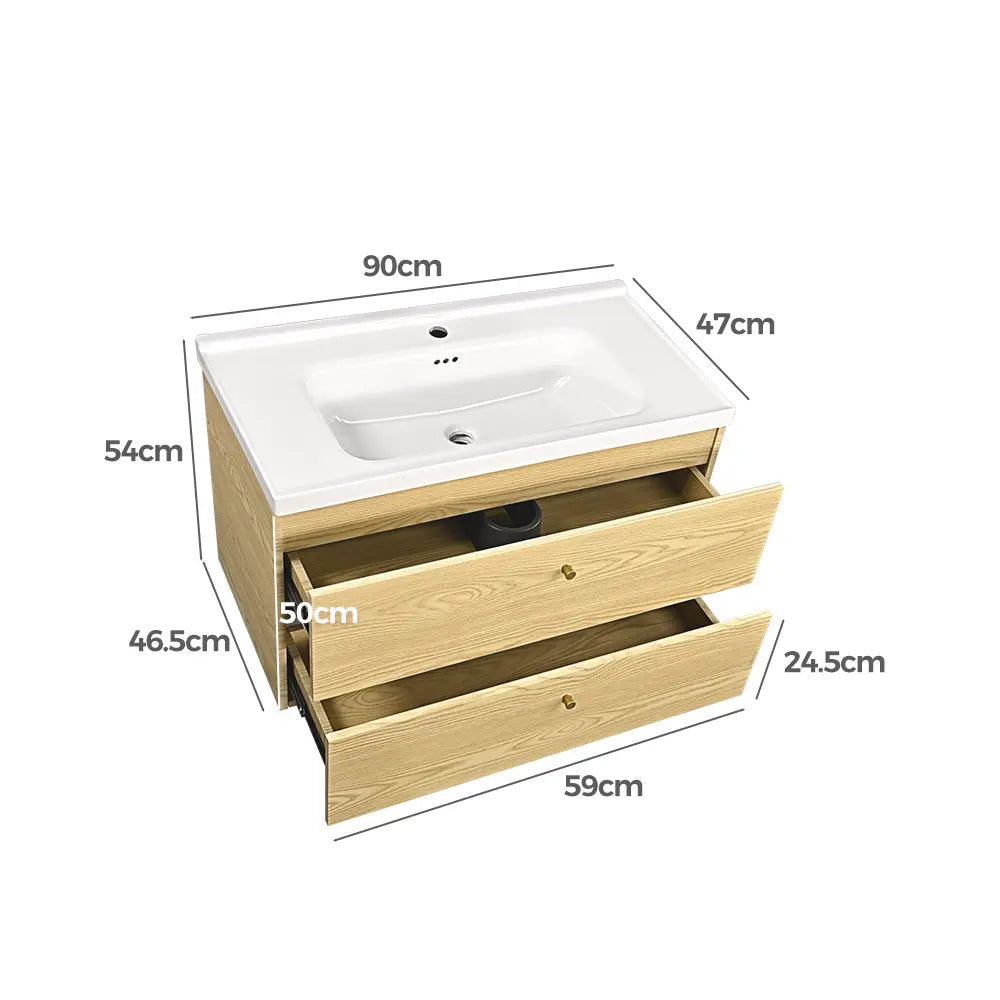 Bathroom vanity with dimensions labeled on a white background