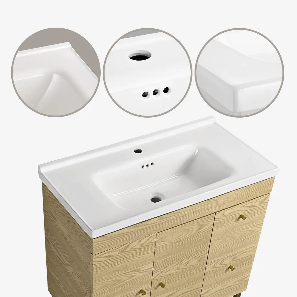 Bathroom vanity with white sink and wooden cabinet, showing close-ups of faucet holes and water inlet.