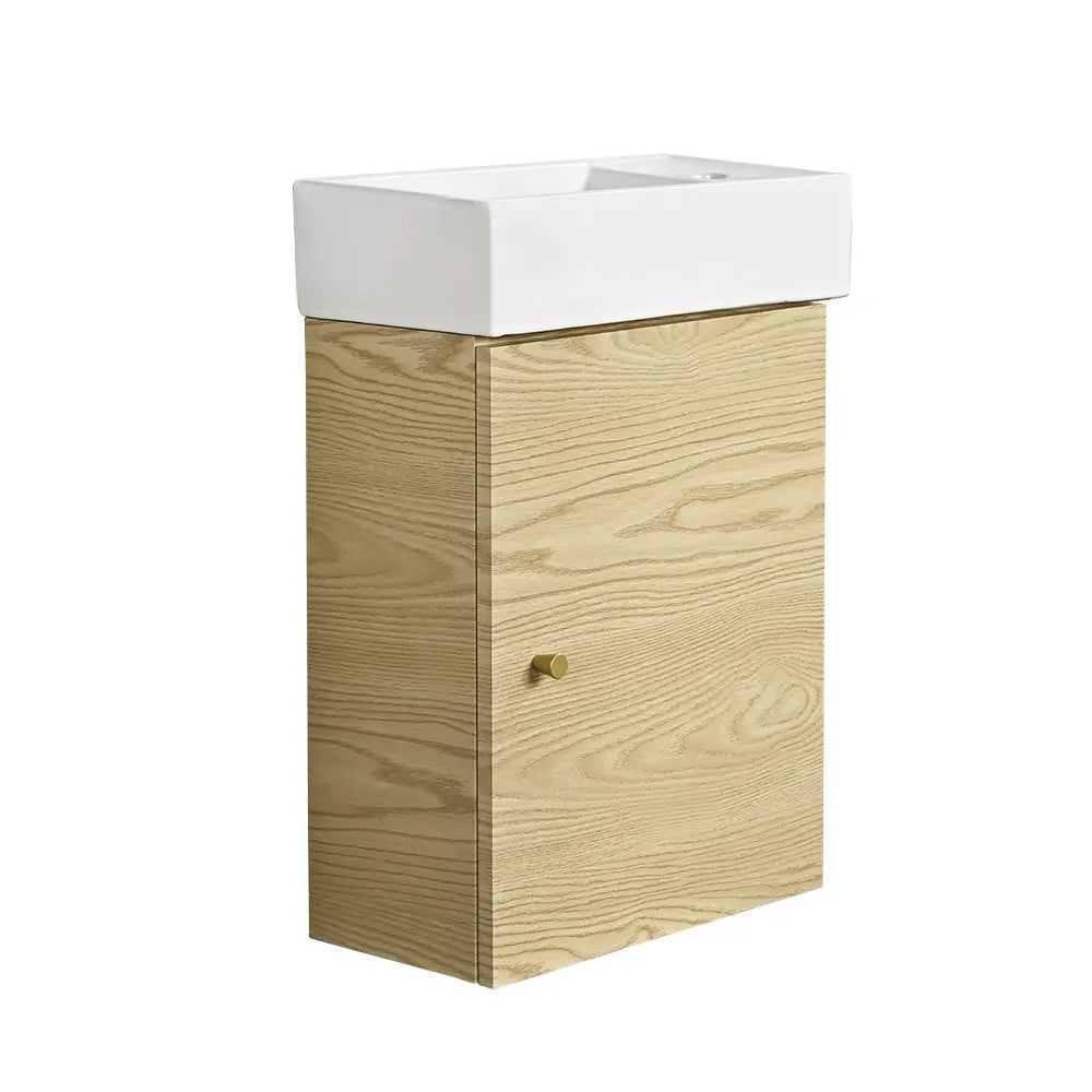 Wooden vanity unit with a white basin on a white background