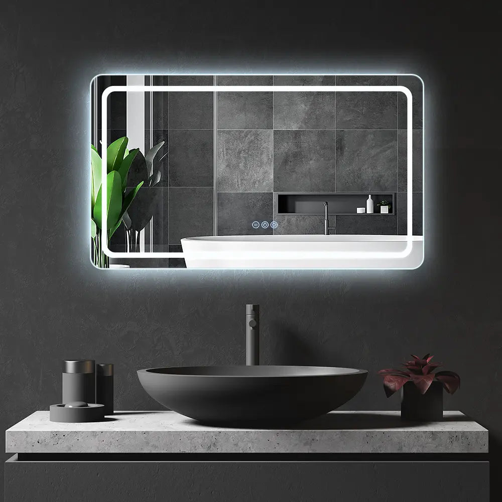 Bathroom LED Lighted Wall Mirror Frameless Rectangular Frontlit Round Corners