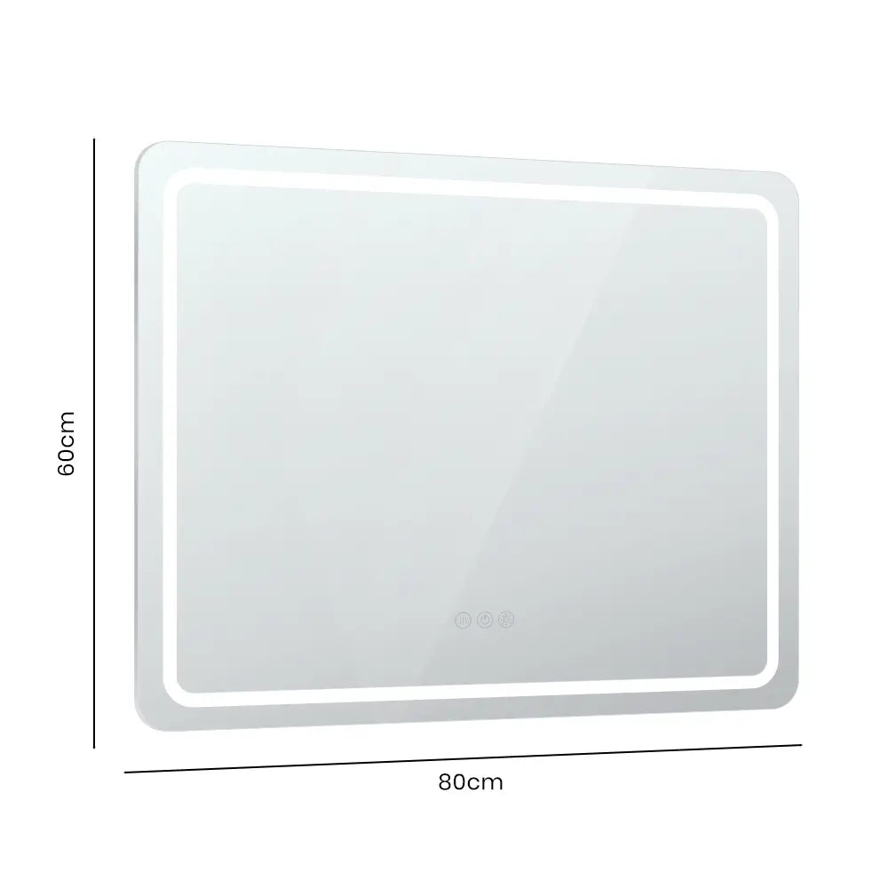 Frameless rectangular LED lighted mirror with frontlit illumination in modern bathroom