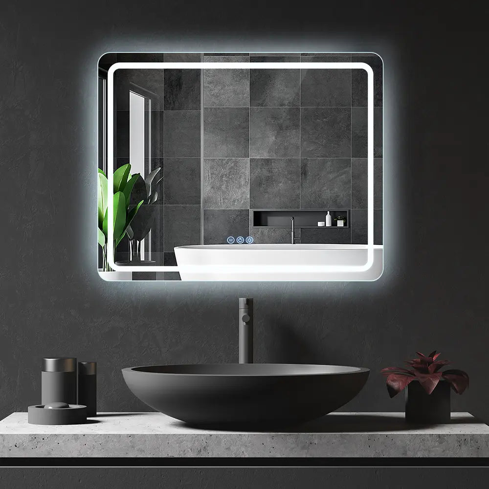 Bathroom LED Lighted Wall Mirror Frameless Rectangular Frontlit Round Corners