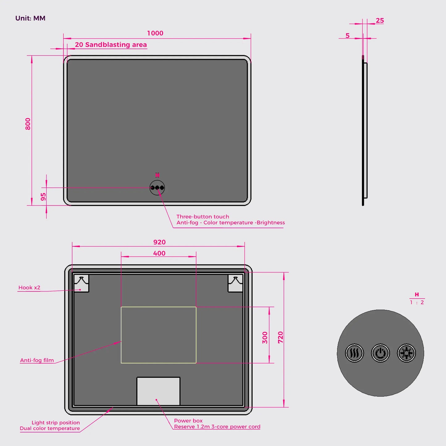 Bathroom LED Wall Mirror Frameless Rectangular Backlit Round Corners