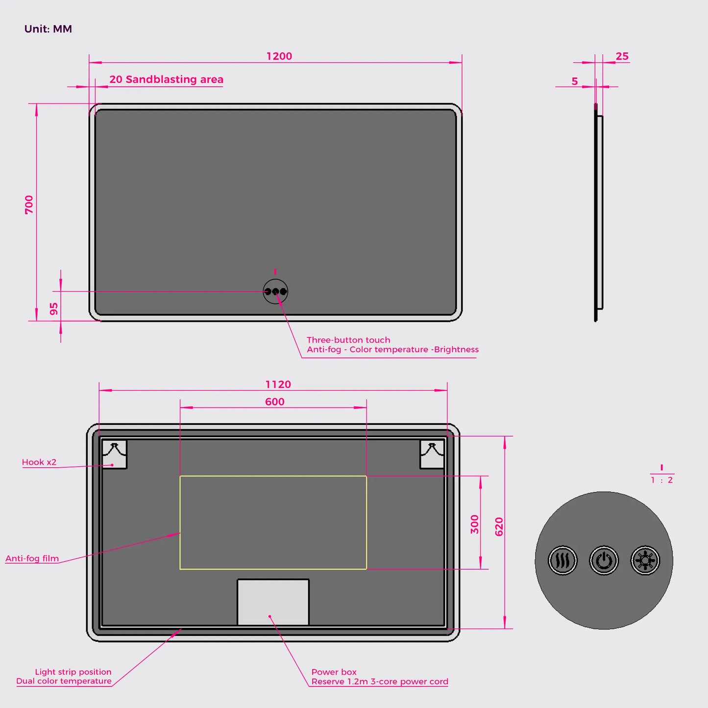 Bathroom LED Wall Mirror Frameless Rectangular Backlit Round Corners