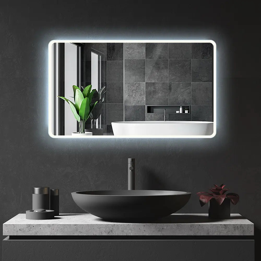 Bathroom LED Lighted Wall Mirror Frameless Rectangular Backlit Round Corners